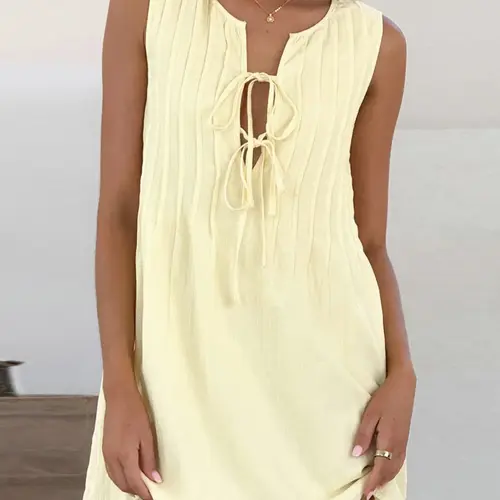 Women's Plain Tie Front Dress, Casual Sleeveless Linen Dress Summer Dresses for Summer Beachwear Dress, Ladies Clothes for Daily Wear