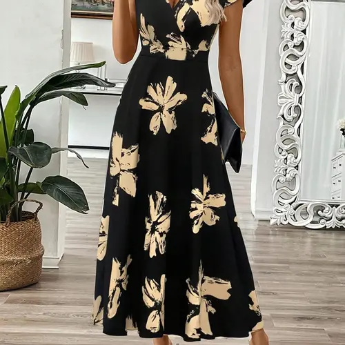 Women's Floral Print V Neck Dress, Boho Short Sleeve A-line Dress for Beach Holiday Vacation, Ladies Summer Clothes, Bohemian Aesthetic Bohemian Beach Dress, Boho Dresses