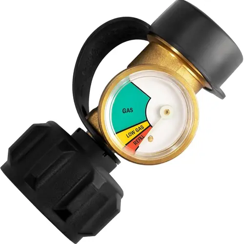 Propane Tank Pressure Gauge - Easy-Read Level Indicator, Leak Detector with Type1-QCC1 Fittings, Handwheel Grip, Brass-Plastic Build, Tool-Free Install for 5 lb-40 lb Tanks, Ideal for Grilling, Tailgates, Emergency Preparedness