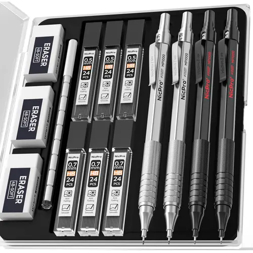 Nicpro Compact Metal Mechanical Drawing Pencil Set - Full-Metal Body Multi-Item Pencils, 8 Tubes HB & 2B Lead Refills, Erasers, Eraser Refills, Office Accessories, College & School Supplies Assortment Kit for Art, Drafting