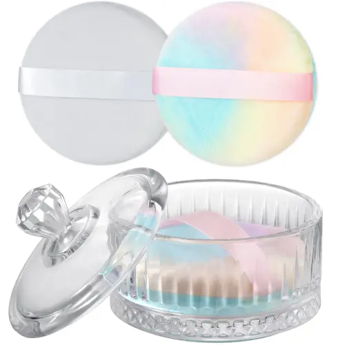 NiHome Large Glass Makeup Powder Puff Set with Container - Beauty Storage Jar with Lid, 2 Ultra-Soft Velvet Puffs for Smoothing Body Powder, Weddings