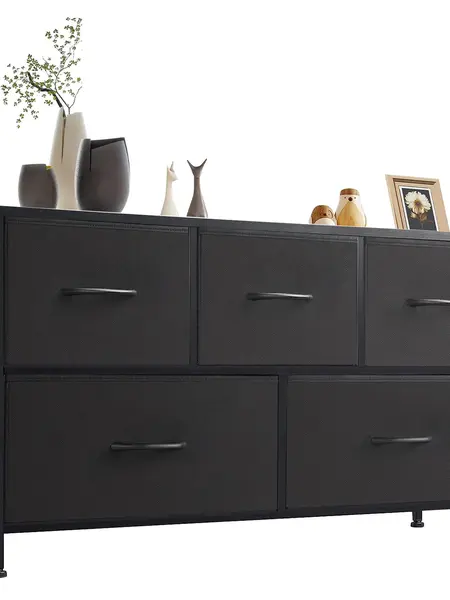 Sweetcrispy 5-Drawer Modern Dresser Storage Chest with Fabric Bins & Black Wood Top - Modern Credenza Cabinet, Apartment Furniture, Bedroom Items for Closet Organization & Entryway Storage Organizer