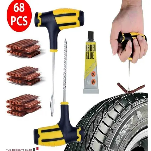 68 Pieces Flat Tubeless Tyre Repair Kit For Cars and Bikes,T Handle Tire Repair Kit with Reamer & Plugger Tool,Fits for for Car, Van, Motorcycle, Trunk, Bike,Jeep Tractor,ATV.UTV