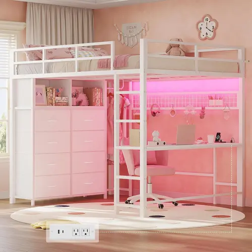 Sikaic Loft Bed Full Size with Desk and 8 Storage Drawers, LED Metal Loft Bed with Power Outlet, 2 Shelves & Clothing Rack, Bed with Safety Guardrail & Ladder, Space-Saving, Home Furniture Christmas Gifts [SohoChic]