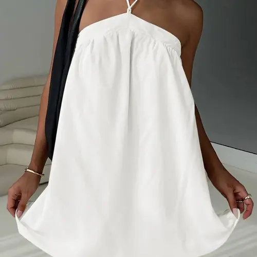 Women's Solid Color Halter Neck Dress, Minimalist Tie Back Dress, Casual Sleeveless A-Line Dress for Summer, Ladies Clothes for Beach & Holiday