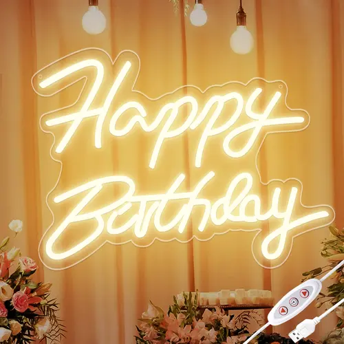 SEGRASS Dimmable LED Happy Birthday Neon Sign - 16.5x11.8in Warm White USB-Powered Ambiance Brightness Custom-Shaped Light Sign, Indoor Wall Decor, Birthday Gift, Room Decor, Birthday Gifts
