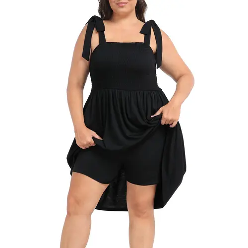 HDE Women's Plus Size Polyester Stretchy Romper Dress - Sleeveless, Fitted, Above-the-Knee, Adjustable Ribbon Tie Straps, Built-in Shorts, Smocked, Pockets, Breathable Casual Summer Curvy Clothing (Rompers for Women)
