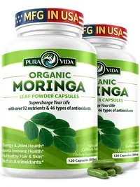 2-Pack Moringa Powder Capsules Organic - Pura Vida  Moringa Leaf. Energy, Metabolism, & Immune Support. 120ct. 500mg Caps. Supplement Healthcare