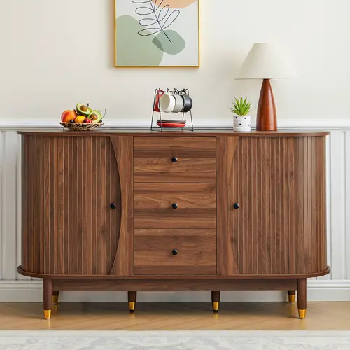 FurSch Mid-Century Modern Fluted Sideboard Buffet, Oval Curved Edge Storage Cabinet with Drawers, Stylish Storage Solution for Living or Dining Room