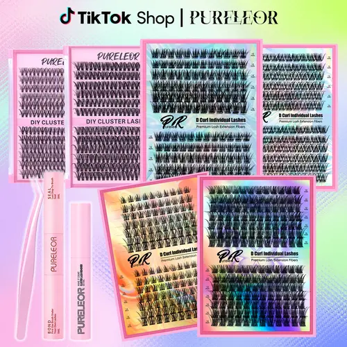 PURELEOR Compact Boxed Set False Eyelashes & Adhesives, DIY At-Home D-Curl Natural Lash Clusters (10-16mm), Soft Lashes for Cat Manga Eye Style, Valentine's Day Gift for Lovers