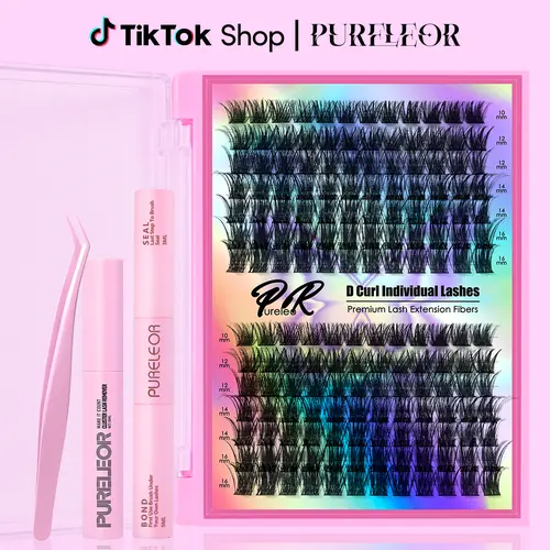 PURELEOR Cluster Lashes Kit - Makeup Products with Fluffy Lash Clusters, 2-in-1 Waterproof Bond & Seal Glue, Strong-Hold Remover, D-Curl 10mm/12mm/14mm/16mm, Beginner-Friendly & Body-Safe False Eyelashes & Adhesives, Mild DIY Tool Gift for Self/Lover