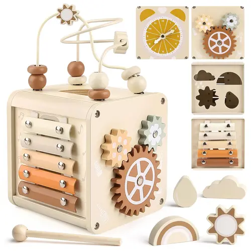 5 in 1 Multifunctional Montessori Toys for Kids - Wooden Sensory Activity Cube, Learning Educational Toys，First Birthday Gifts Ideas