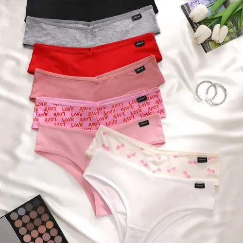 Women's Solid/Cherry/Letter Print Briefs, Soft Comfy Breathable Panties for Daily Wear, Underwear for All Seasons, Soft Breathable Knickers, Casual Comfy Panty, Casual Everyday Panties