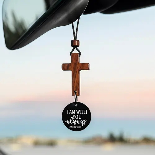 Yappy Daily Bible Verse Hanging Cross Ornament - 3.2in by 1in Rearview Mirror-Mounted Christian Car Decor, Automotive Interior Encouragement Accessory