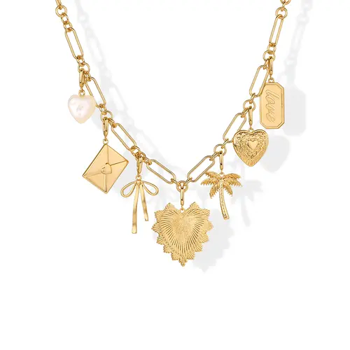PAVOI 14K Gold Plated Removable Charm Necklace for Women - Adjustable Link Chain Pendant Necklace with Removable Charms -  Trendy Mix & Match Pendants Letter Palm Tree Heart Mother of Pearl Bow Tie Love Tag