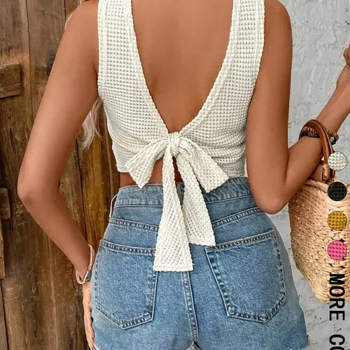 Women's Plain Tie-Back Waffle Knit Fitted Cropped Casual Layering Camisole Tank Top, Casual Comfy Sleeveless Top for Daily Wear, Casual Everyday Top, Ladies' Top for All Seasons, Summer Casual Sleeveless