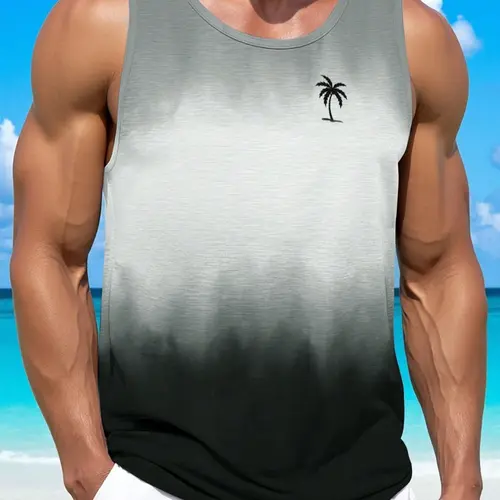 [Plus Size] Men's Ombre & Tropical Print Round Neck Tank Top, Loose Casual Quick Drying Sleeveless Activewear Sport Tank Top for Summer, Men's Clothes for Beach Vacation, Sleeveless Tank Tops Workout, Menswear, Sleeveless Workout Vest