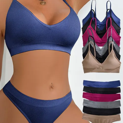 Women's Solid Wireless Bra and Panty Set, Comfy Breathable Bra and Thong Set with Removable Pads, Soft Basic Essential Underwear Set with Casual Panties
