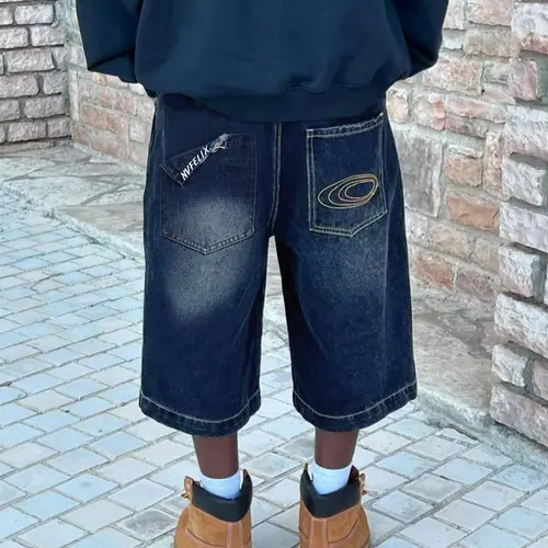 Men's Denim-Effect Dark Washed Distressed Print Straight Leg Pocket Shorts Loose Baggy Casual Comfy Denim Jeans Shorts for Summer, Fashion Menswear Men's Bottoms for Daily Wear, Streetwear