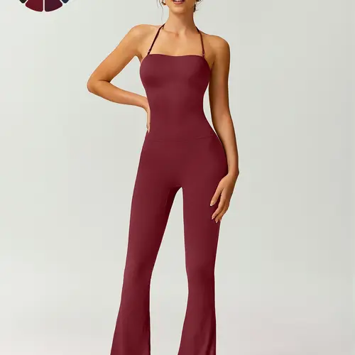 Women's Solid Color Flare Leg Sports Jumpsuit, Casual Comfy Breathable Jumpsuit for Yoga Gym Workout, Ladies Sportswear for Summer, Sporty Jumpsuit, Workout Jumpsuits, Tight Fitting Jumpsuit