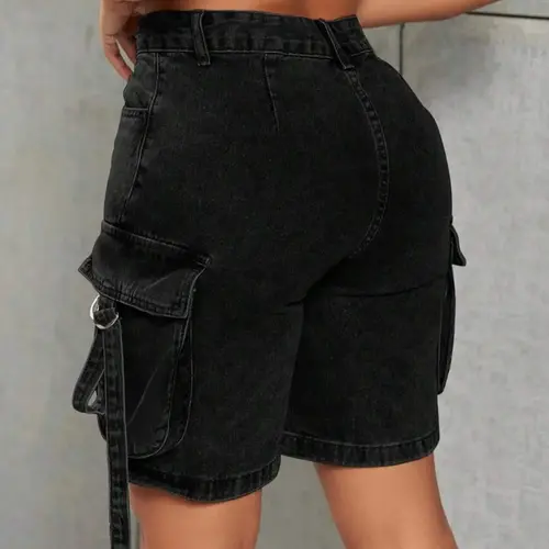 Women's Washed Denim Cargo Shorts - Casual Trouser Shorts - Y2K Functional Street Style - Comfortable Stretchy Fabric with Tummy Control - Casual Fashionable Shorts
