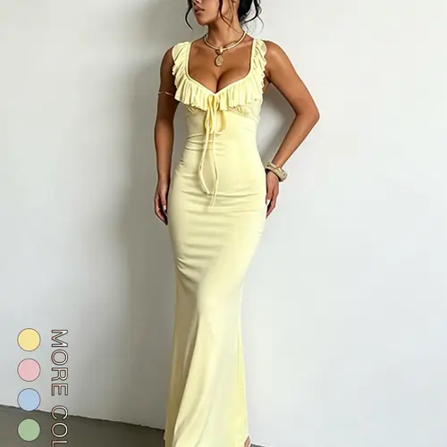 Women's Plain Tie Backless Sleeveless Elastic Dress, Elegant Casual Summer Tank Dress, Suitable for Daily Outdoor Wear, Romantic Womenswear