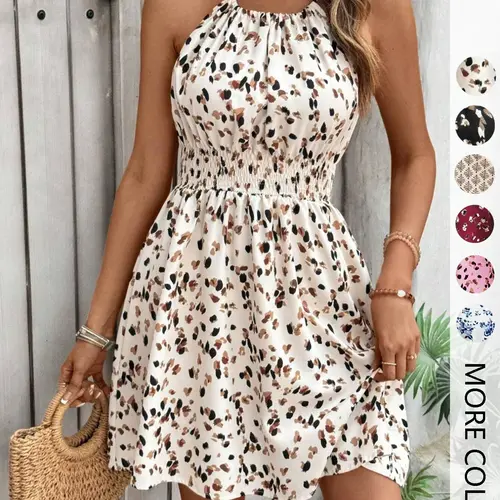 Women's All Over Print Halter Neck Dress, Boho Fashion Casual Sleeveless Short Dress for Beach Holiday Vacation, Ladies Summer Clothes