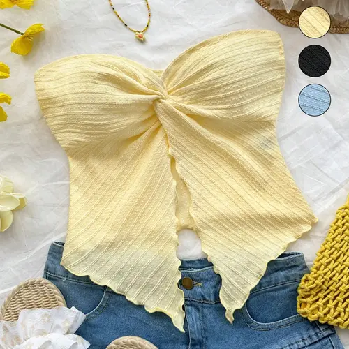 Women's Solid Textured Twist Front Tube Top, Casual Elegant Sleeveless Ruffle Trim Crop Top, Cropped Tank Top for Summer, Beachy Tops, Casual Chic Sleeveless, Fashion Women's Top for Beach Holiday Vacation, Womenswear
