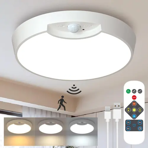 TOOWELL [Back To School] Rechargeable Cordless Plastic Ceiling Light with 8000mAh Battery, 3 Color Modes, Motion Sensor, Remote Control, Dimmable Lighting, USB Cable, Rechargeable Night Light for Closets, Shed