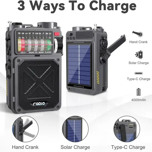 Emergency Crank Radio- Emgykit 4000mAh/14800mWh AM/FM/WB/SW/NOAA Weather Radio with Bluetooth,Flashlight,SOS Alarm, Powered by USB Charged,Hand Crank & Solar Power for Camping, winter storm,back to school,back to school haul