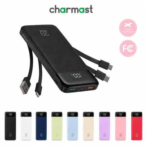 Charmast 20,000mAh Ultra-Slim Power Bank & Portable Charger – 20W Fast Charging with Built-in Cables for Smartphones, Tablets & USB-C Devices – Travel-Friendly Rechargeable Battery Pack, Black Compact Digital Gadget