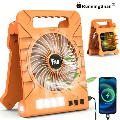 Rechargeable Solar Outdoor Cooling Fan - Folding Detachable Desk Model, Mini Portable Fan with 4 Adjustable Speeds, USB Port, LED Light, Energy Efficient Multifunctional Shell, Mini Power Bank Combo Portable Charger for Hiking Home Use