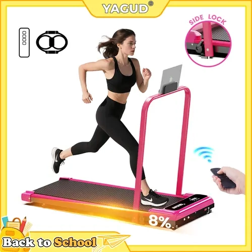 【New Arrival】BACKTOSCHOOL YAGUD Electric Folding Treadmill with Handrail, Low Noise Motor – 330lbs Weight Capacity Spacious Belt Walking Pad, Dual Shock Absorption, Remote Control & Wheels for Easy Moving – Includes Free Resistance Bands and Remote