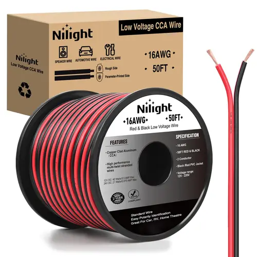 Nilight 50FT 16AWG CCA 16/2 Gauge Color-Coded PVC Jacket Red Black Electrical Cable, 2-Conductor Parallel Cord with Flame Retardant, High-Temperature Resistance, Insulation for 12V/24V DC LED Lights, Car Accessories