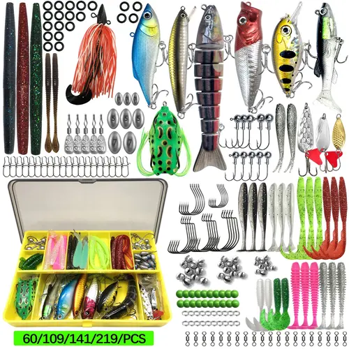 60/109/110/141/219Pcs Fishing Lures Kit, Tackle Set with Spoon Lures, Soft Plastic Worms, Crankbait Jigs & Hooks, Outdoor Fishing Gear & Accessories, Fishing Equipment, Fishing Supplies