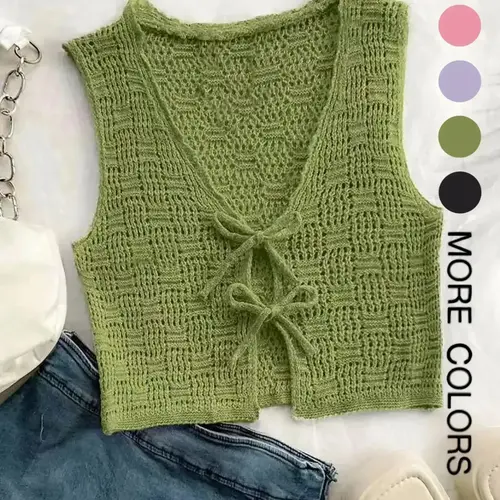 Women's Solid Color Tie Front Sweater Vest, Casual Sleeveless Knit Top for Summer, Fashion Women's Knitwear for Daily Wear, Womenswear, Casual Sleeveless Outerwear, Knit Vest Tops, Tie Up Vest, Knitted Vest Top