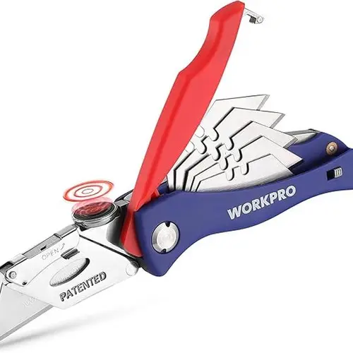 #backtoschool WORKPRO Folding Utility Knife, Quick-Change Box Cutter, Blade Storage in Handle with 5 Extra Blades Included