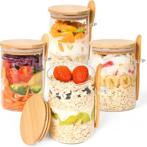 DWTS DANWEITESI 16oz Glass Overnight Oats Storage Containers with Lids - 4-Pack Kitchen Preserving Utensils, Ideal for Meal Prep, Back to School Breakfast & Snacks