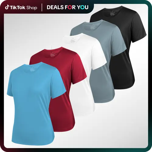TELALEO Women's 5-Pack Workout Shirts - Short Sleeve Athletic Sports Clothing, Quick Dry Crew Neck, Breathable Tops, Fitness Shirts, Basic Tops for Running, Tennis - Workout Outfit Inspo
