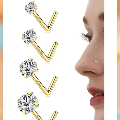 LOLIAS 20G High Quality Body Jewelry Accessory - 14 Karat Gold Filled, 316L Surgical Steel Nose Studs, 6A Cubic Zirconia Corkscrew/L-Shaped Hypoallergenic Small Nose Ring Piercing Zirconia Jewelry for Women Men, High Quality Jewelry