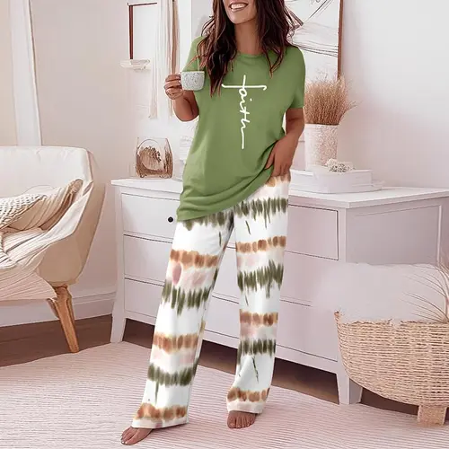 CHICME Women's 2 Piece Sets Round Neck Short Sleeve Top & Ombre Print Loose Pants Matching Pajamas Sets Fit