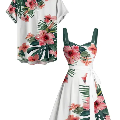 2025 Couple Set Women's Vacation Tropical Flower Print Belted Mini Dress And Men's Short Sleeve Shirt Matching Outfit