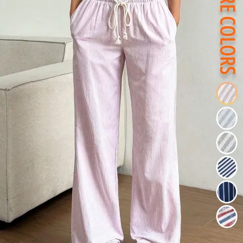 【4th of July】Low-Waist Drawstring Wide-Leg Trousers, Fashionable Casual Women's Bottoms Long Pants, Oversized Loose-Fitting Striped Design, Unlined Comfort