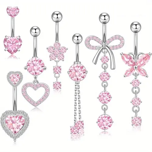 7Pcs 14G Belly Button Ring Dangle Belly Button Piercing Surgical Stainless Steel Belly Rings Cute CZ Heart Butterfly Flower Dangling Belly Piercing Jewelry for Women