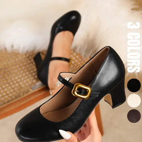 Women's Round Toe Gold Buckle Mary Jane Style Heels, Comfortable Elegant Stylish Classic Classy Chunky High Heel Shoes, Party, Wedding, Business, Formal Occasions Footwear