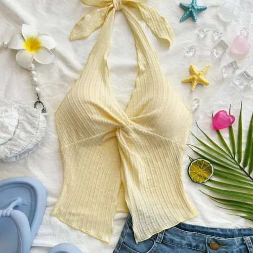 Fashion Sexy Halter Tie Back Criss Cross Cut Out Strap Tank Top, Casual Sleeveless Backless Tie Up, Fitted Summer Casual Style, Moderate Fabric Thickness