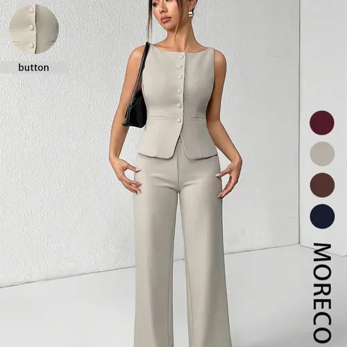 Women's Solid Button Front Sleeveless Tank Top & Wide Leg Pants Set, Fashion Clothes Set, Casual Minimalist Fashion Two-piece Set for Summer, Women's Clothing for Daily, Office Wear