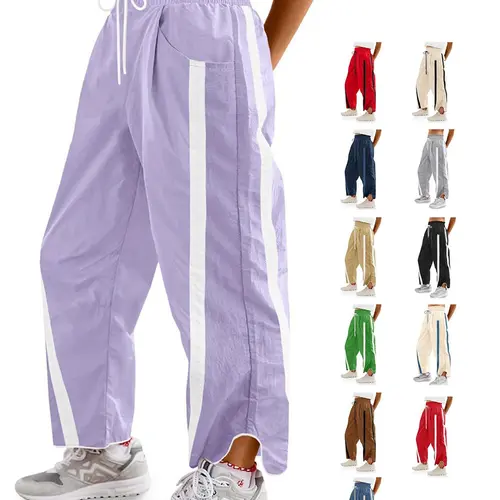 FISOEW Women's Baggy Wide Leg Pants Casual Drawstring Elastic Waisted Contrast Color Workout Y2K Track Pants Crop Top Comfort FallFreshness Lightweight Outdoor outfit cuffed wide leg sweatpants joggers #TikTokShopJumpstartSale Fitted Parachute sweatpants