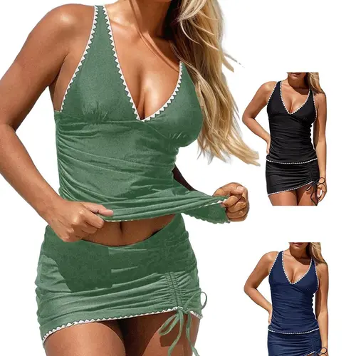 FISOEW Womens V Neck Tankini Swimsuit, 2 Piece Tummy Control Set with Strappy Top and High Waist Drawstring Skort, Drawstring Waist Tankini, Strappy Tankini Top