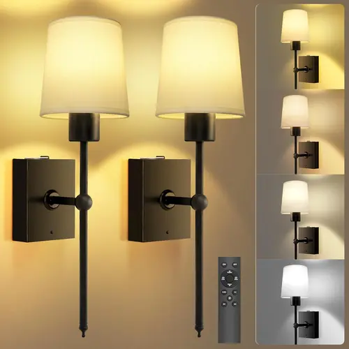 TOOWELL [Back To School] 2-Pack Wireless Battery-Operated Wall Lights Set w/ Remote - Adjustable Brightness, White Fabric Shade, Ambient Home Lights for Bedroom, Aesthetic Room & House Decor (Apr Stock Up)